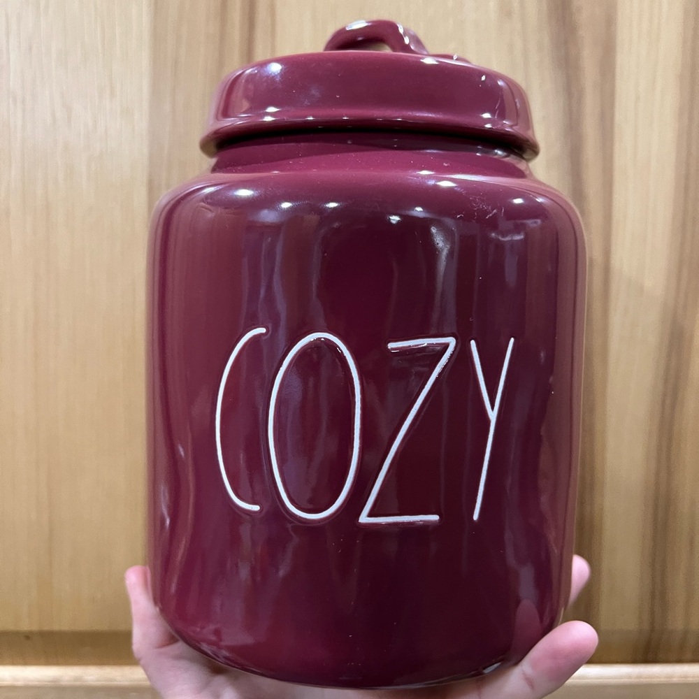 Rae Dunn Ceramic Canister COZY in Deep Burgundy